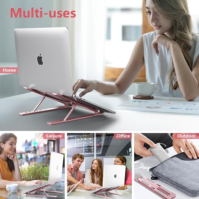Laptop Stand for Desk, Aluminum Metal MacBook Stand，Computer Riser for Desk, Portable Foldable Adjustable Notebook Holder, Compatible with 10-15.6 Inch Laptops, iPad, Rose Gold. - Image 6