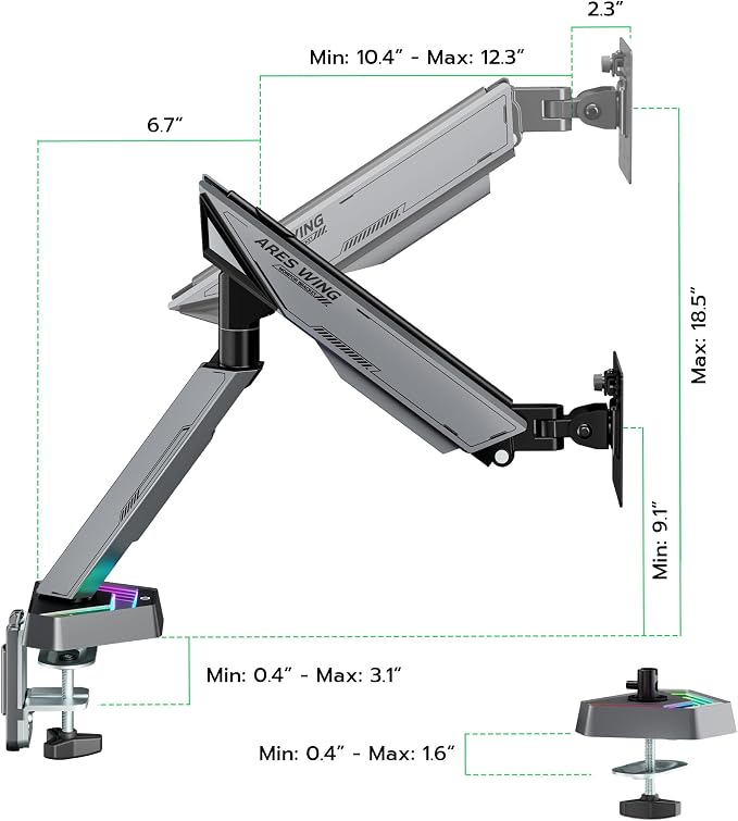 ARES WING RGB Single Monitor Arm Desk Mount for 17-45 inch Monitors, Gray | Monitor Arm Desk Mount Holds 35.2 lbs Heavy Duty, Adjustable Ultrawide Monitor Arm with Clamp & Grommet Base, 75/100 VESA - Image 9