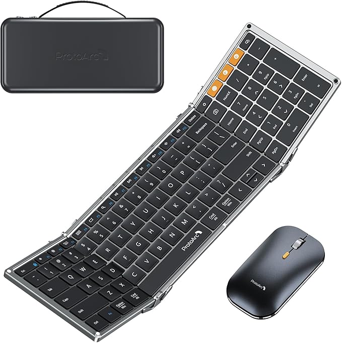 ProtoArc XKM01 Full-Size Foldable Keyboard Mouse Combo for Travel, Gray | 105-key keyboard, slim mouse, hard case and phone stand, 3-device Bluetooth & 2.4G switching, for travel office use by ProtoArc