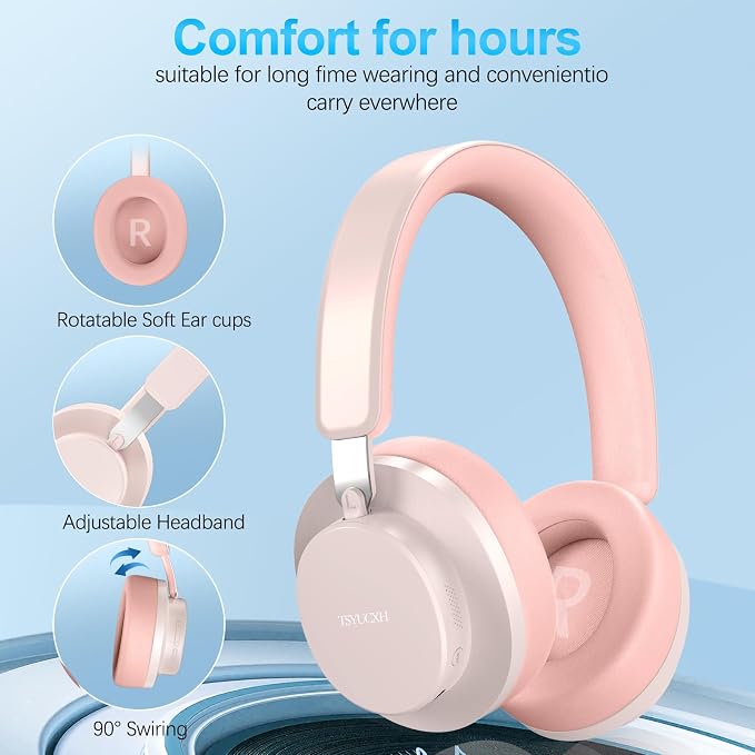 Over Ear Headphones Wireless Bluetooth, Noise Cancelling Headphones Bluetooth with Microphone, Cancelling Wireless Headphones Over Ear, 65h Playtime, Clear Calls, Comfort Fit For Travel (Pink) - Image 6