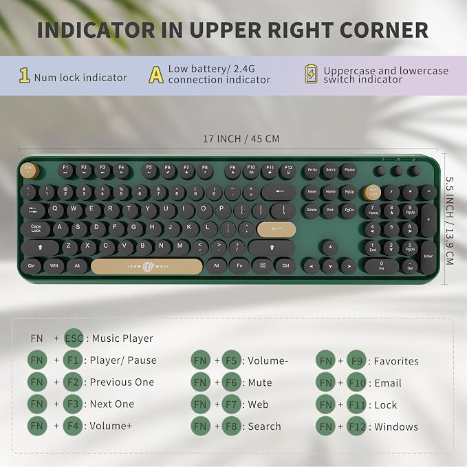 Wireless Keyboard and Mouse | Cute Colorful Keyboard and Mouse with 2.4GHz Cordless Retro Typewriter Keyboard | Auto-Sleep | USB Receiver for Windows PC/Laptop - Green Colorful - Image 3