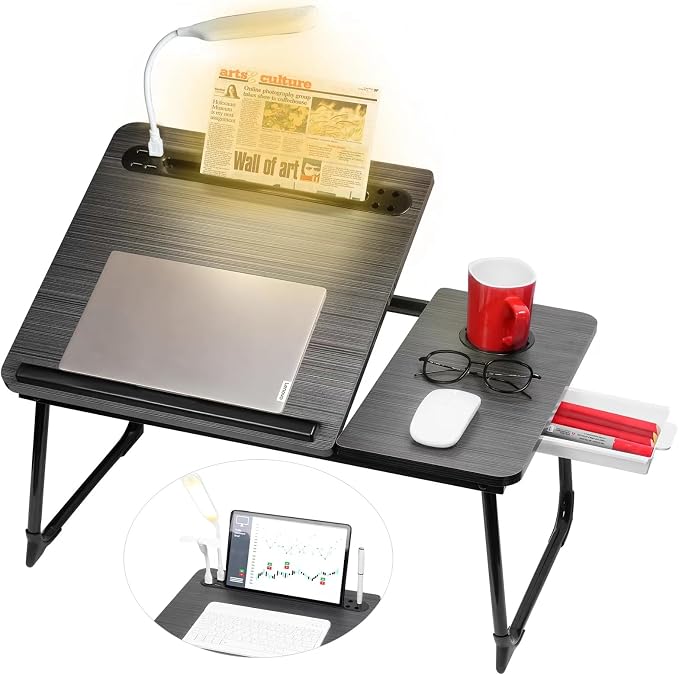 CloudTrip Plus XL Adjustable Laptop Desk with Light, USB Port, iPad Holder, Drawer Storage - Larger 23.6IN Adjustable Lap Desk for Bed, Home Office, Breakfast Tray, Fordable Legs Desk (Black) by CloudTrip