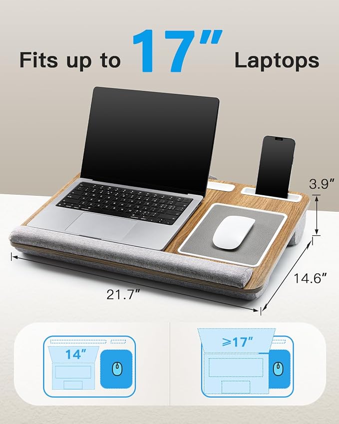 HUANUO Lap Desk - Fits up to 17 inches Laptop Desk, Built in Mouse Pad & Wrist Pad for Notebook, Laptop, Tablet, Lap Stand with Tablet, Pen & Phone Holder, Brown Woodgrain - Image 2