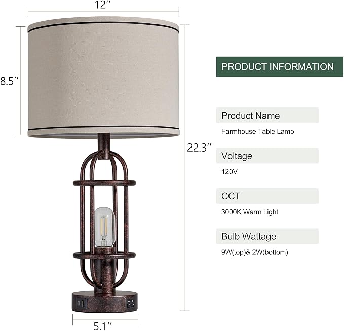 Reaketon 22.3" Table Lamps for Living Room Set of 2, Farmhouse Lamps for Nightstand, Vintage Table Lamps for Bedroom with USB Ports, Bulbs Included - Image 8