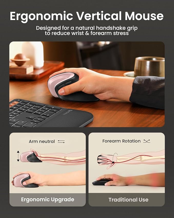 ProtoArc EM11 NL Wireless Ergonomic Mouse, Rechargeable, Black Pink | 58° vertical design supports a natural wrist posture, connect 3 devices via Bluetooth/2.4G USB-A, 500mAh USB-C rechargeable. - Image 6