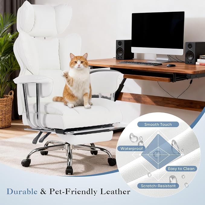 DUMOS Big and Tall Home Office Desk Chair, Executive Chair with Footrest | Scratch-Resistant PU Leather, Ergonomic Reclining, Pocket Spring Support, 400 LBS Weight Capacity, White - Image 6