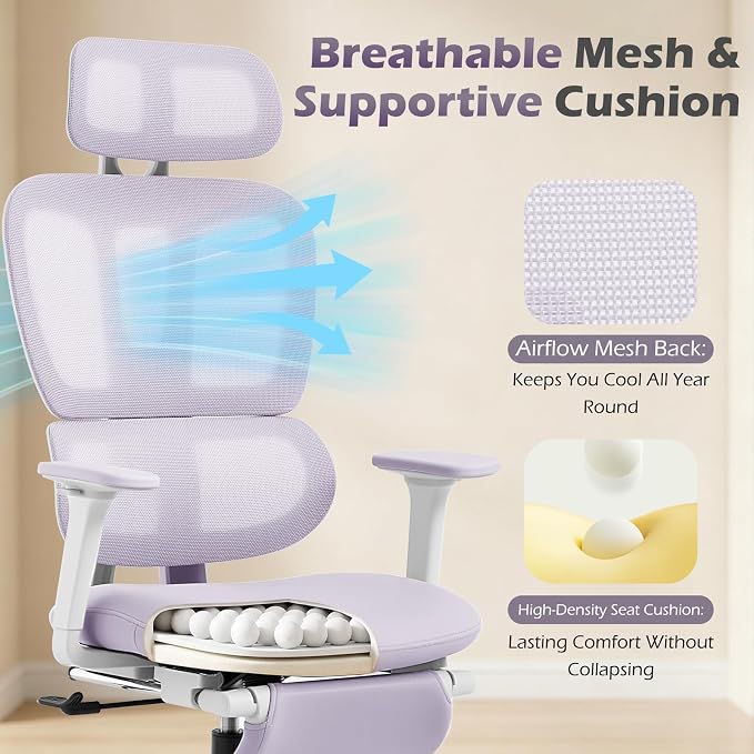 Ergonomic Office Chair with Footrest and Dynamic Lumbar Support, Purple | Reclining high-back computer chair, memory foam seat, 2D armrests, 2D headrest, mesh desk chair for home office, long hours - Image 7