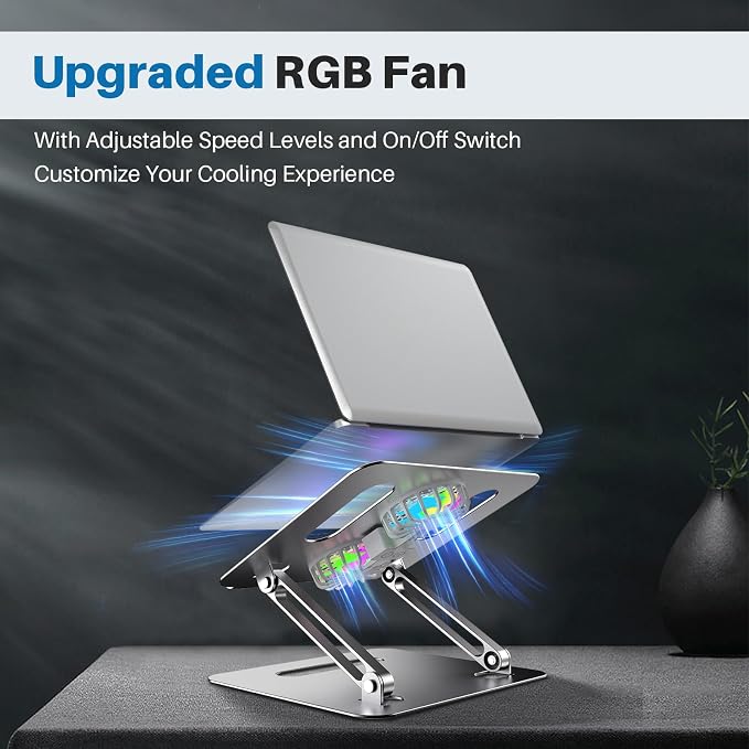 YICOSUN Adjustable Laptop Cooling Stand with 2 Quiet Fans & RGB Lighting, Aluminum Alloy & Foldable Ergonomic Design for MacBook, Lenovo, ASUS, Dell 10-16 Inch, Perfect for Gaming, DJ, Office - Gray - Image 2