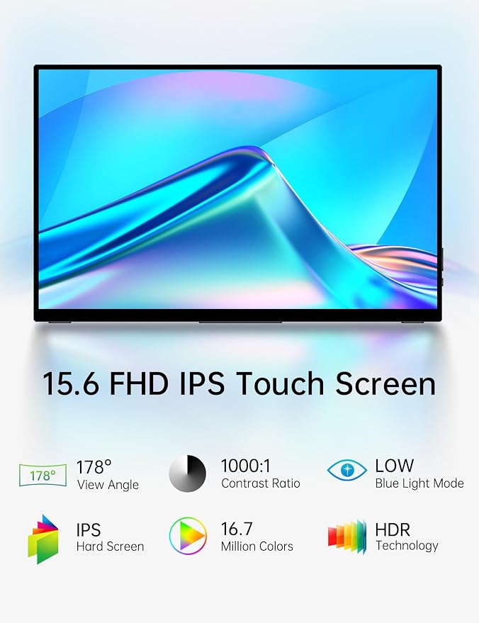 CAPERAVE 15.6'' Portable Monitor Touchscreen, FHD IPS Touch Screen with Tempered Glass, Travel Monitor with Kickstand & Speaker, HDMI USB C External Monitors for Mac Laptop Phone Computer - Image 2