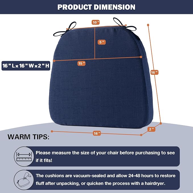Battilo Chair Cushions for Dining Chairs with Ties, Indoor/Outdoor Waterproof Kitchen Chair Pad with Non-Slip Backing, Seat Cushions with Machine Washable Removable Cover, 16"x16"x2", Set of 2, Navy - Image 3