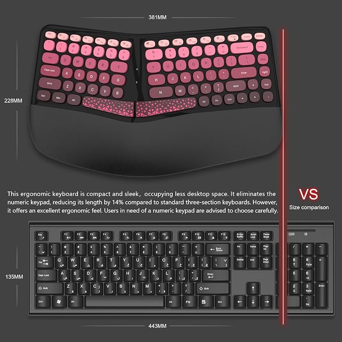 Ergonomic Wireless Keyboard and Mouse Set with Wrist Rest, Compact 85-Key Keyboard, No Independent Numeric Keypad, Black and Red Gradient - Image 6