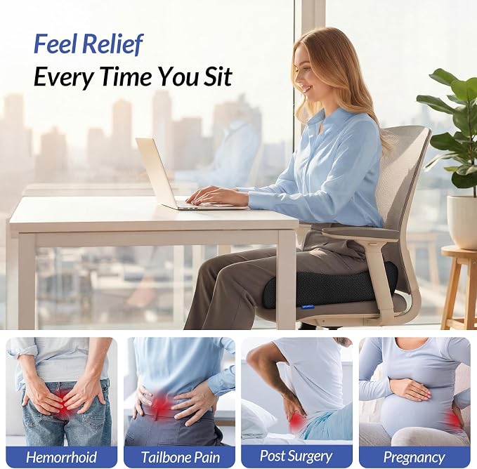6" Thickened Donut Pillow Seat Cushion, Ergonomic Hemorrhoid Pillow with Widened Cutout for Tailbone,Sciatica Pain Relief & Postpartum, Memory Foam Office Chair Cushion for Long Sitting at Home - Image 2