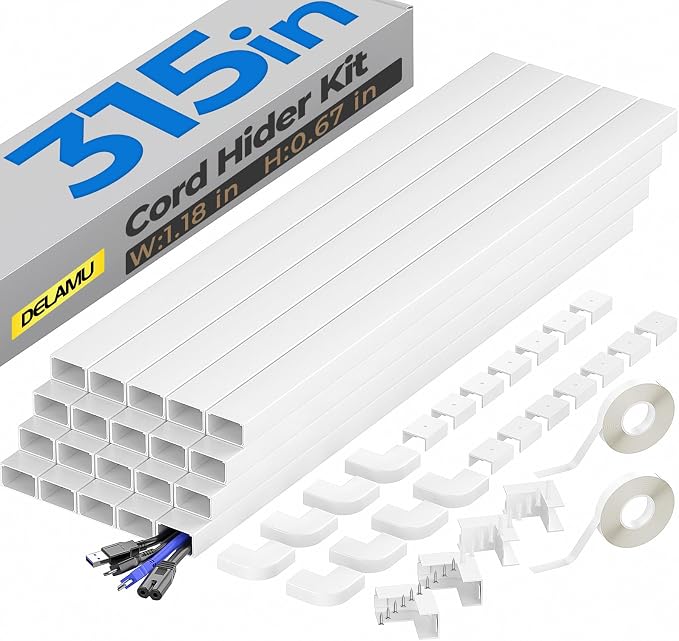 Delamu Cable Hider, 315in Cord Covers for Wires on Wall, One-Cord Cord Hider, Paintable Wire Hiders Wire Covers for Cords, Cable Management for Hiding 3-4 Wires, 20x L15.7 W1.18 H0.60in, White by DELAMU