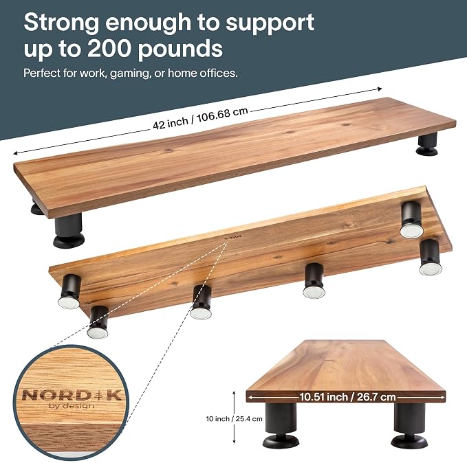 Nordik Dual Monitor Stand Riser -Hardwood Acacia Monitor Shelf (42x10.5 in) | Premium Handmade Acacia Wood Monitor Stand - Easy to Assemble Monitor Riser - Double Monitor Riser with Storage Organizer - Image 4