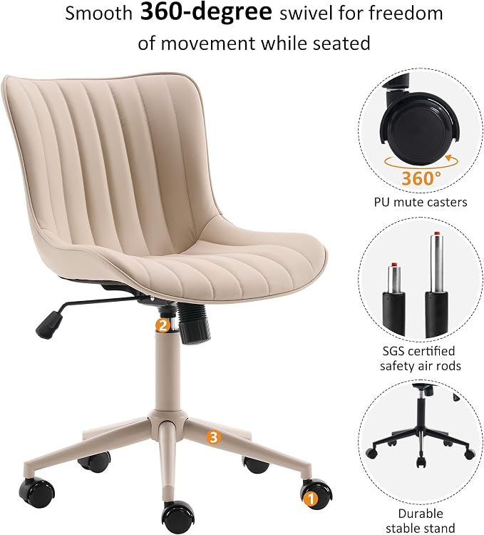 YOUNIKE Office Desk Chair with Wheels Armless Vanity Chair Ergonomic Cream | Faux Leather Upholstered with Rocking Back, Swivel Height Adjustable, Modern Small Cute Task Chair For Sewing Drafting - Image 4