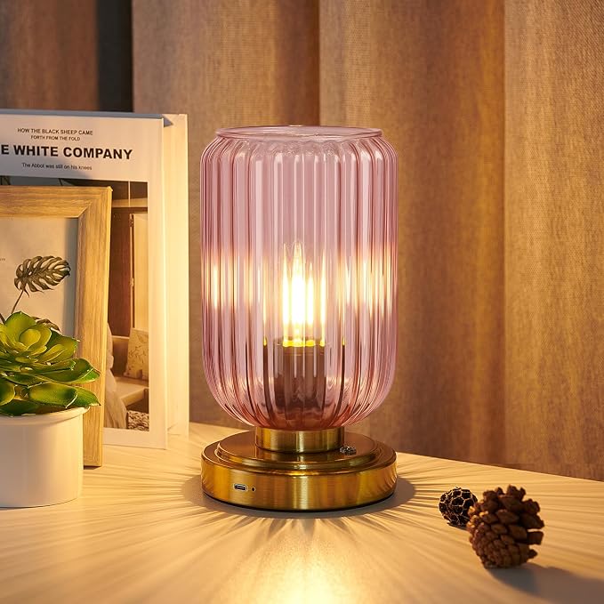 LightRound Cordless Table Lamp for Bedroom, Touch Stepless Dimmable | 7500mAh Rechargeable Battery, Pink Glass Shade, Brushed Gold Base, Bulb Included, Modern Wireless Lamp for Desk, Living Room by LightRound