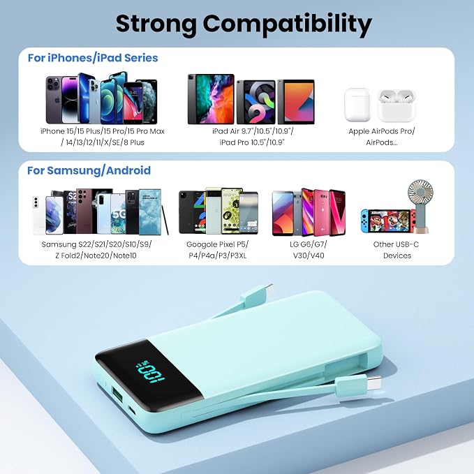 Portable Charger with Built-in AC Plug and Cables,13800mAh All in One USB C Fast Charging Power Bank,Travel Essentials Portable Phone Charger Battery Pack for iPhone 17/16/15/13,Galaxy,Android-Green - Image 5