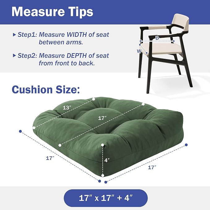 IPYNBAP Outdoor Chair Cushions Set of 2, Patio Chair Cushions with Ties, 17x17+4” Tufted Outdoor Seat Cushions, Waterproof Patio Furniture Cushions, Outdoor Dining Chair Pads, Forest Green - Image 4