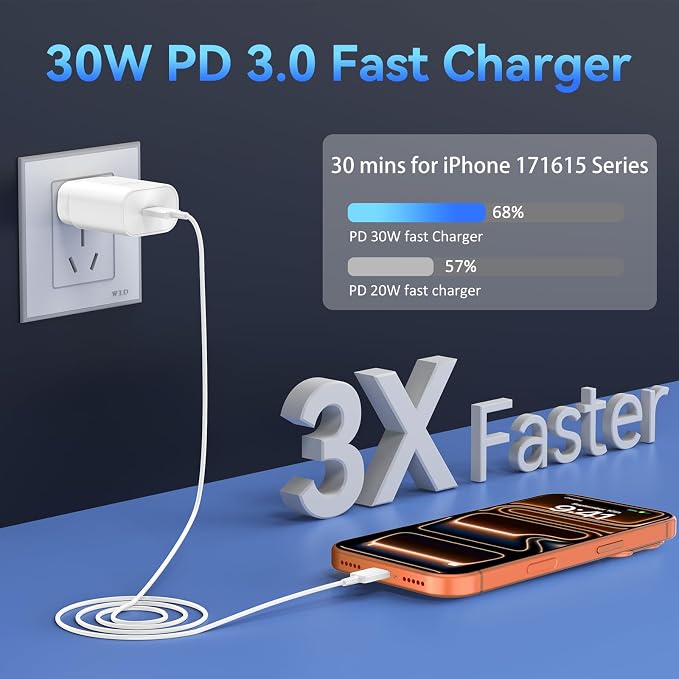 Phone 17 16 15 Charger Fast Charging,30W USB C Phone 17 16 15 Pro Max Charger Block & 12FT Long Type C Cable Cord for i.Phone 17/17 Air/17Pro/17Pro Max/16/16Pro/16 Pro Max/15/15 Pro Max,White - Image 4