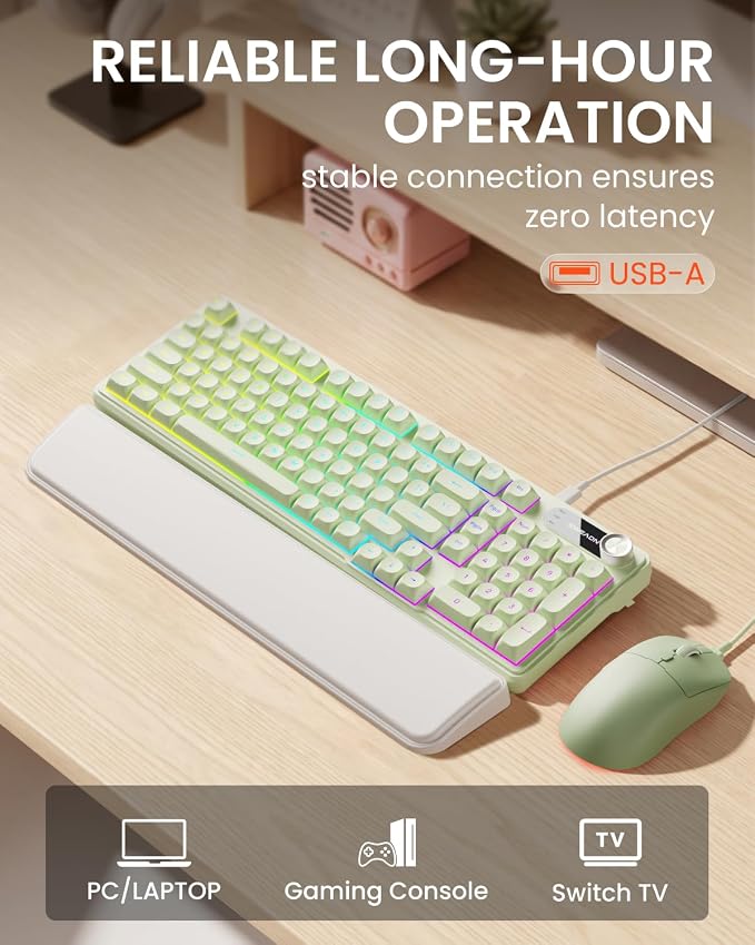 EWEADN Wired Keyboard and Mouse Combo with Detachable Wrist Rest, Quiet Ergonomic Keyboard Mouse Set with Multimedia Knob, RGB Backlit, Double-Shot Keycaps Natural Typing for Laptop, PC - Green - Image 6