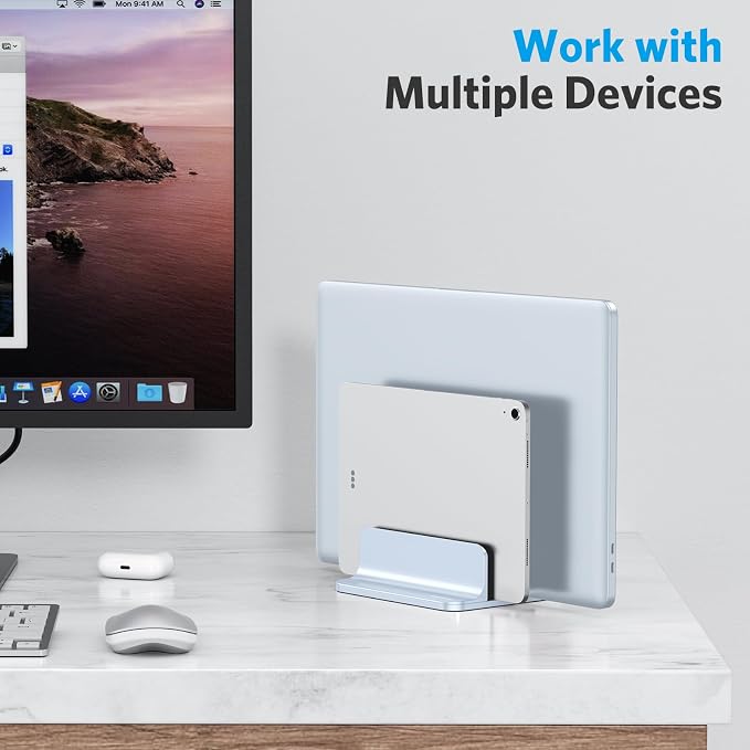 OMOTON Dual Vertical Desk Laptop Stand Holder, Fits MacBook Air, Sky Blue | Aluminum Laptop Storage Rack for Desk, Adjustable Dock for Up to 17.3 in. Gaming Laptop, Space-Saving Desk Organizer - Image 8