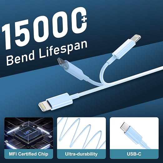 Phone 14 13 12 11 Fast Charger,10FT Long Phone Chargers Fast Charging Lightning Cable with 20W USB C Charger Block for Phone 14/14 Pro Max/13/13Pro Max/12/12Pro Max/11/11Pro/XS/Max/X,Pad,Blue gradient - Image 6