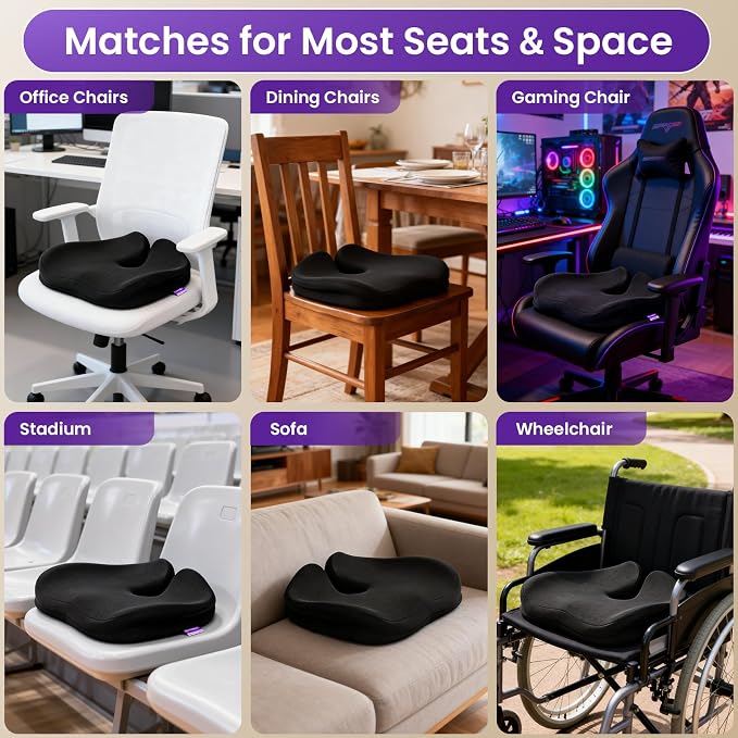 ZZ-WELL Seat Cushions for Office Chairs, Patented Pressure Relief Coccyx Cushion for Tailbone Pain, Memory Foam Butt Pillows for Wheelchair Car Sitting, Carrying Handle, Non-Slip (Black, Large) - Image 5
