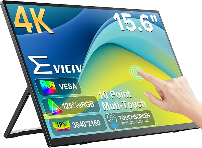 EVICIV Portable Monitor 4K Touchscreen 15.6", 3840 * 2160 UHD, 125% sRGB | 10-Point Touch Laptop Monitor, 2000:1, USB-C & MINI HDMI, VESA & Stand, Ultra-Slim Travel Screen for Computer, Game Consoles by EVICIV