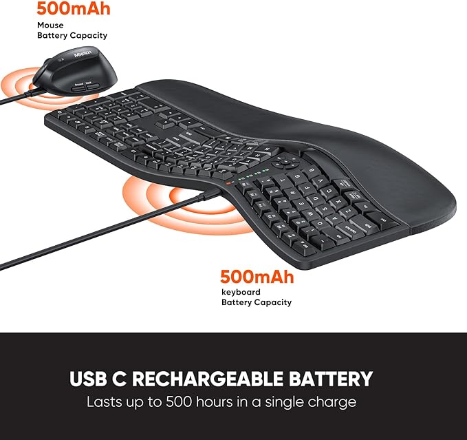 MEETION Ergonomic Keyboard and Mouse Combo, Split Design, Vertical Mouse | Rechargeable full-size keyboard with cushioned wrist rest, 2.4GHz USB receiver, natural typing, for Windows, Mac, PC, laptop - Image 3