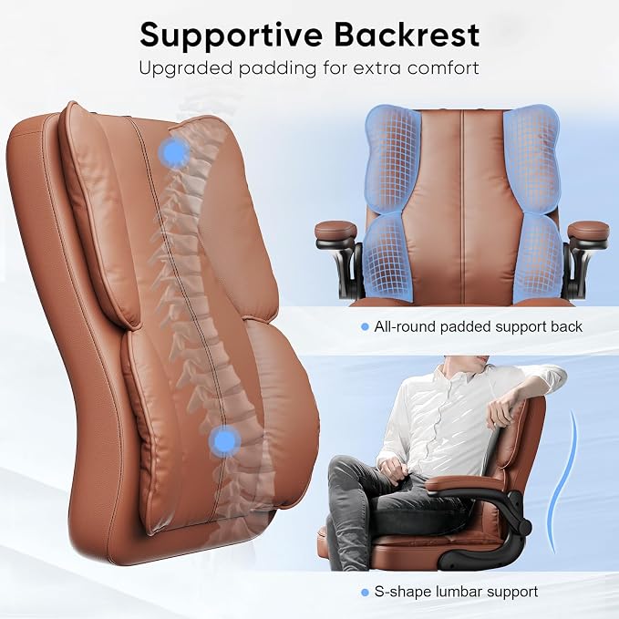 Kensaker Managerial Executive Chair with Adjustable Headrest | High Back Lumbar Support Computer Chair PU Leather Chairs Comfy with Double Padding & 135° Rocking for Home Office, Brown - Image 3