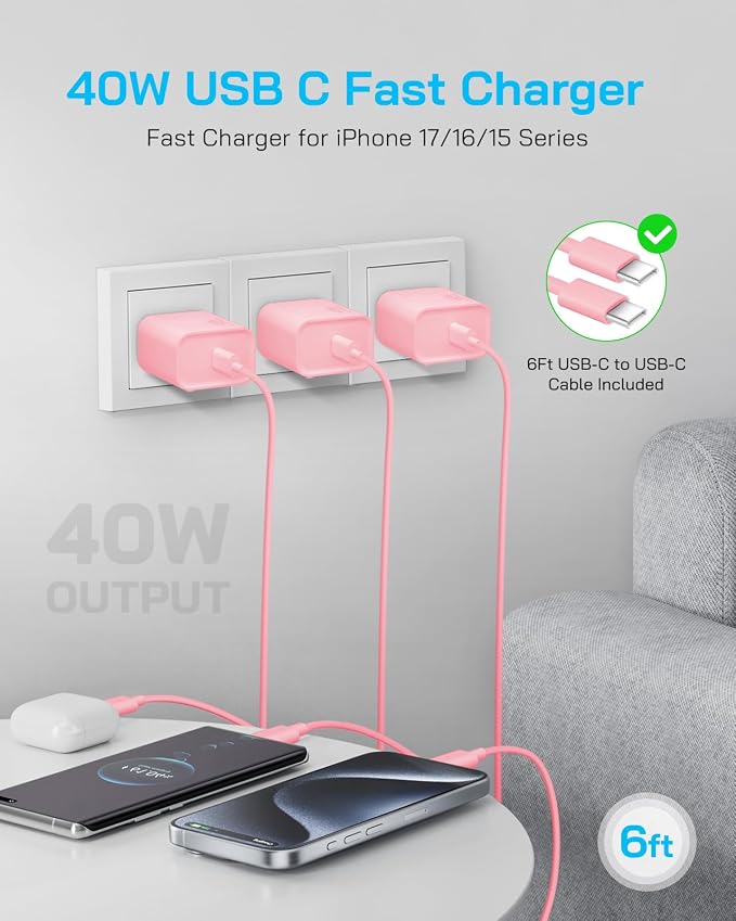 GUUSMART 40W iPhone 17/16/15 Charger Fast Charging 3 Pack Type C Chargers | USB C Charger Block for iPhone 17/16/15 Pro Max,17/16/15 Plus, iPad Pro with Long 6 FT iPhone Charger USB C Cable-Light Pink - Image 4