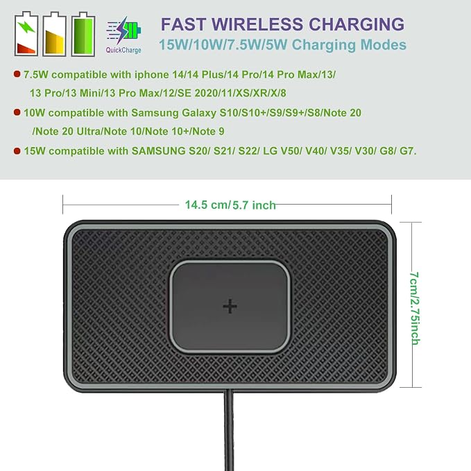 Wireless Charger Car Charging pad,SANMIDO Fast Wireless Phone Charger Cell Phone Non Slip Cordless Charging mat Compatible with iPhone 11/12/12/14/15 Galaxy S21/S22/S23/24 NOTE10 (C1P) - Image 3