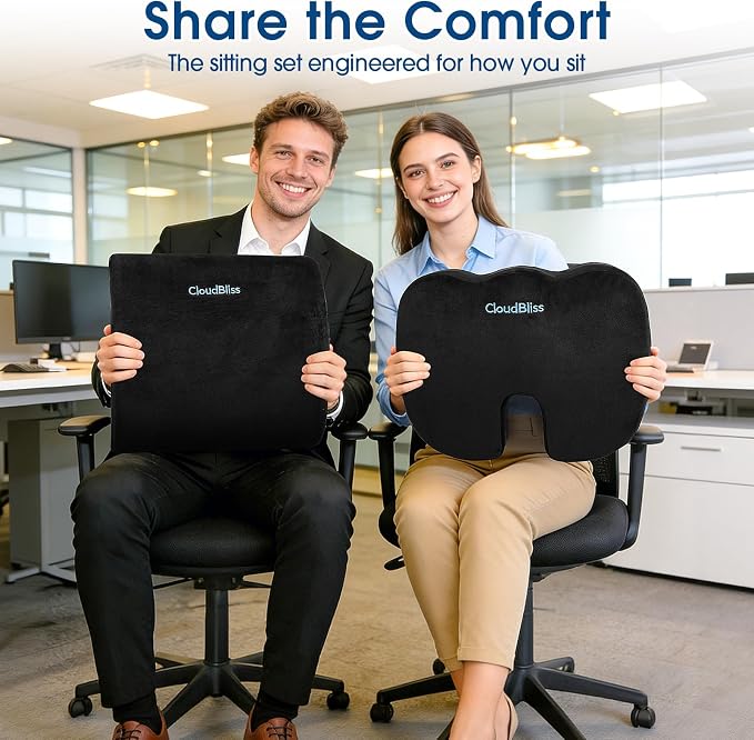 CloudBliss Ergonomic Seat Cushion & Lumbar Support Pillow Set, Black, XL | Back Pain & Sciatica Relief, Memory Foam Support, Adjustable Straps, Machine Washable Velvet, Perfect for Office, Car, Gaming - Image 9