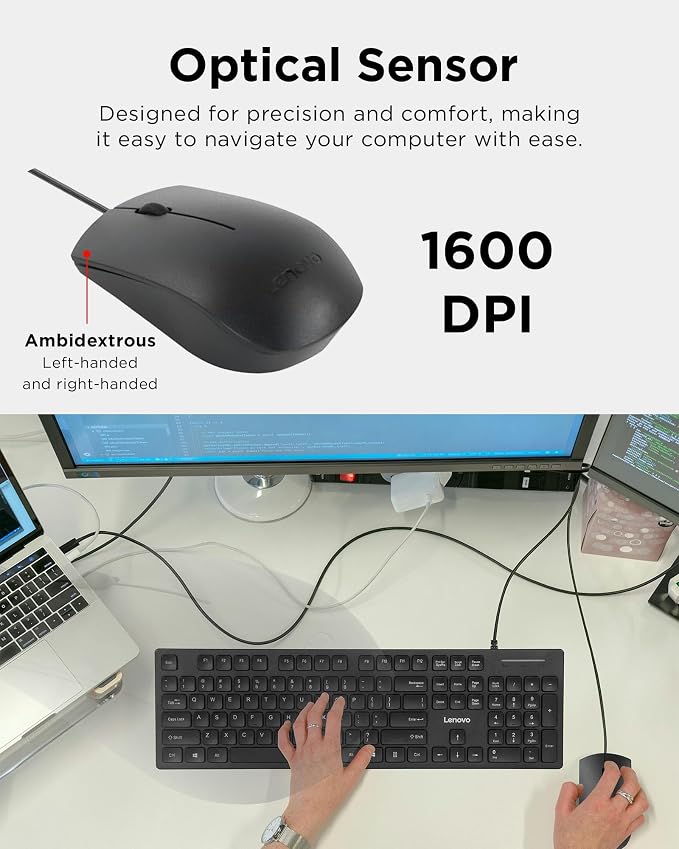 Lenovo 305 USB-C Wired Keyboard & Mouse Combo, Black, Spill-Resistant, Narrow Border, Adjustable Tilt, Full-Size Keyboard & Mouse, Compatible with Laptop, PC, Tablet, USB-C Connectivity Gaming Office - Image 4