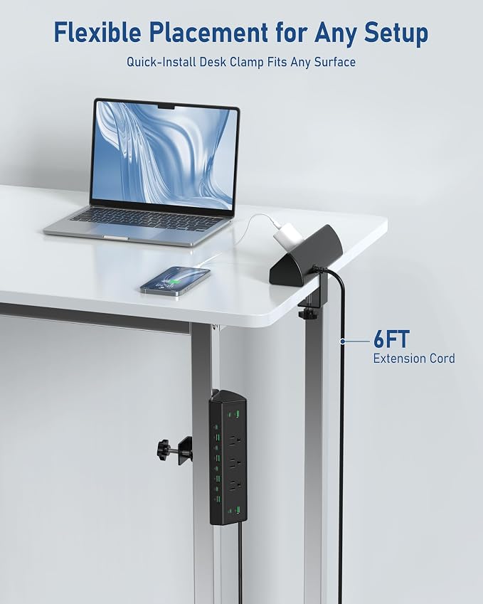 Jgstkcity 90W Desk Clamp Power Strip,12 USB Ports (6 PD 45W USB-C),Surge Protector,ETL Listed Power Hub Extension Cord,Fast Charging Station for Home Office Desk Edge Mount (Black,12 USB-90W) - Image 4