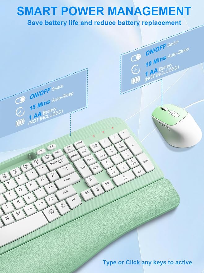 Hayyiesh Ergonomic Wave Keys Wireless Keyboard and Mouse Combo, Full Size with Memory Foam Wrist Rest & Phone Holder, 2.4G Cordless Set with USB-C Adapter for Windows Mac Desktop Laptop (Mint Green) - Image 8
