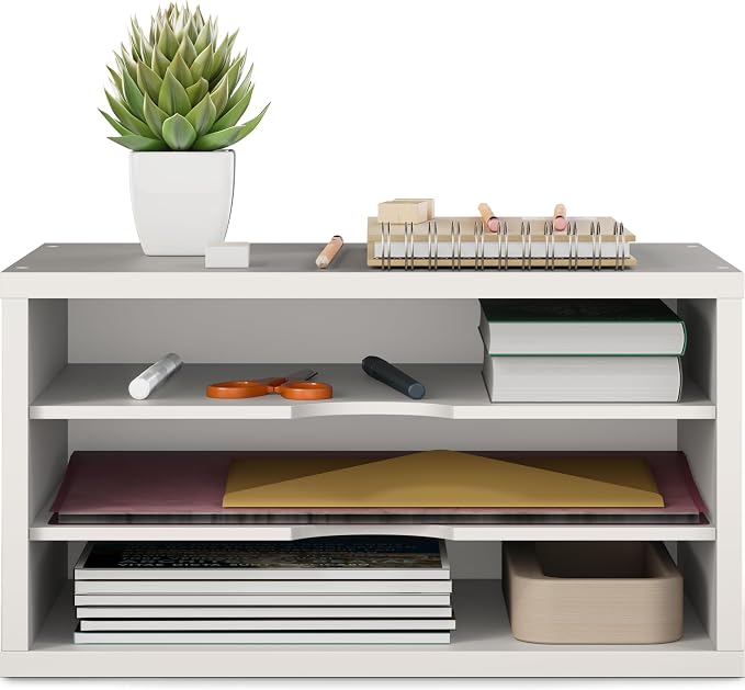 Ballucci File Organizer, 3-Tier Document Paper Sorter, Stackable Wood Desk Organizer, Mail Sorter and Monitor Stand with Storage Shelves, White - Image 9