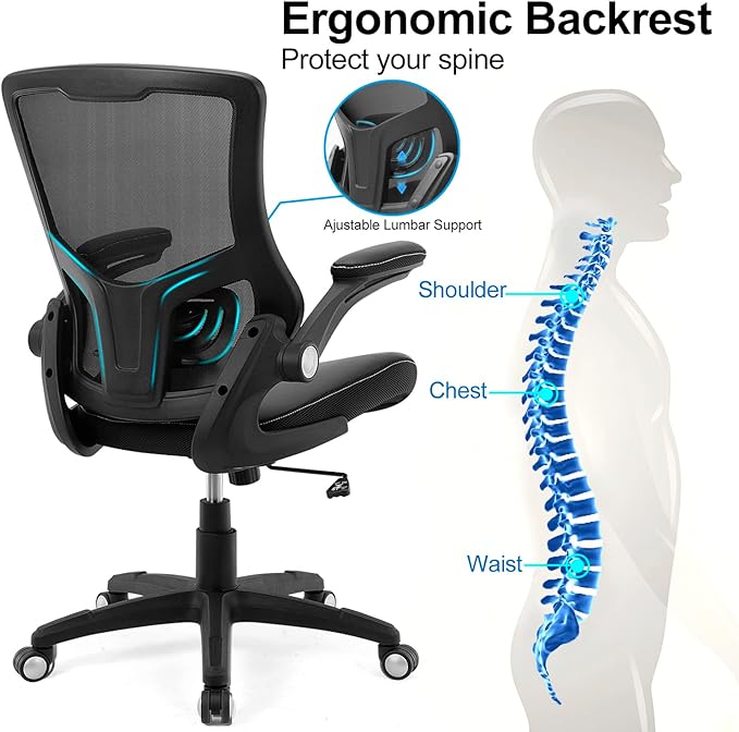 Office Chair Ergonomic Desk Chair, Computer PU Leather Home Office Chair, Swivel Mesh Back Adjustable Lumbar Support Flip-up Arms Executive Task Chair - Image 5