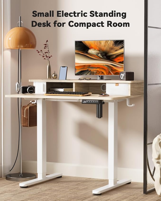 JOY worker 35" Small Electric Standing Desk with Monitor Stand & Drawer | Light Walnut 35" x 25" Height Adjustable Desk for Tight Space, Shutter Door & Shelf, Sit Stand Desk with 2 Hooks, Home Office - Image 7