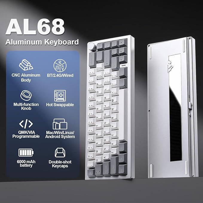 YUNZII AL68 Aluminum Wireless Mechanical Keyboard(Silver, Gateron Zero) | QMK/VIA, Function Knob, Gasket Mount, RGB Backlit, Creamy Pre-lubed Switches, BT/2.4G/USB-C,QMK/VIA for Gaming/Mac/Win - Image 2