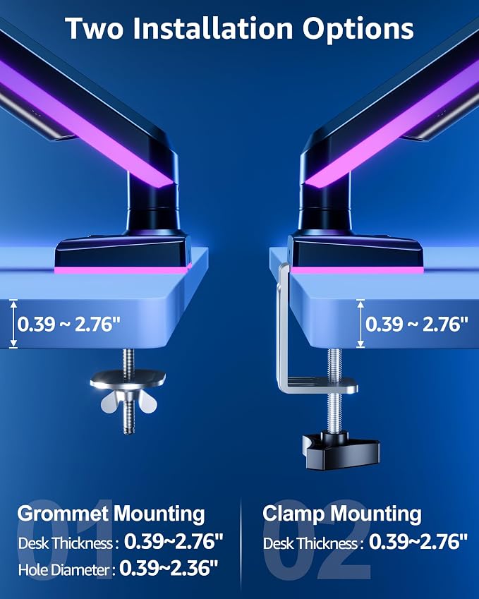 MOUNTUP RGB Single Monitor Arm Fits 32 27 24 22 inch, Holds 4.4-22lbs Screens, Monitor Stand for Desk with RGB Lights, 19 Modes, Computer Monitors Desk Mount, VESA Mount with Clamp & Grommet Bases - Image 3