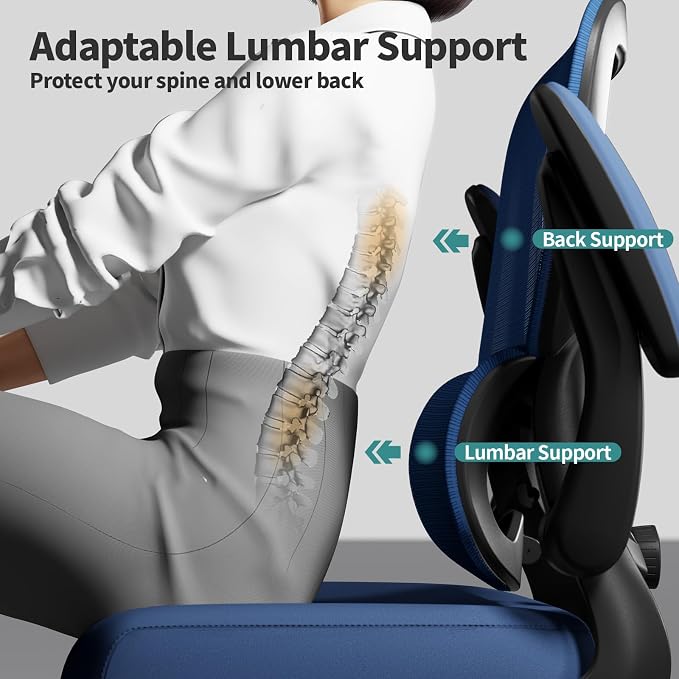 TRALT Office Chair - Ergonomic Desk Chair with Adjustable Lumbar Support, Mesh Computer Chair, Executive Chair for Home Office Comfortable Lumbar Support (1, Deep Blue) - Image 6