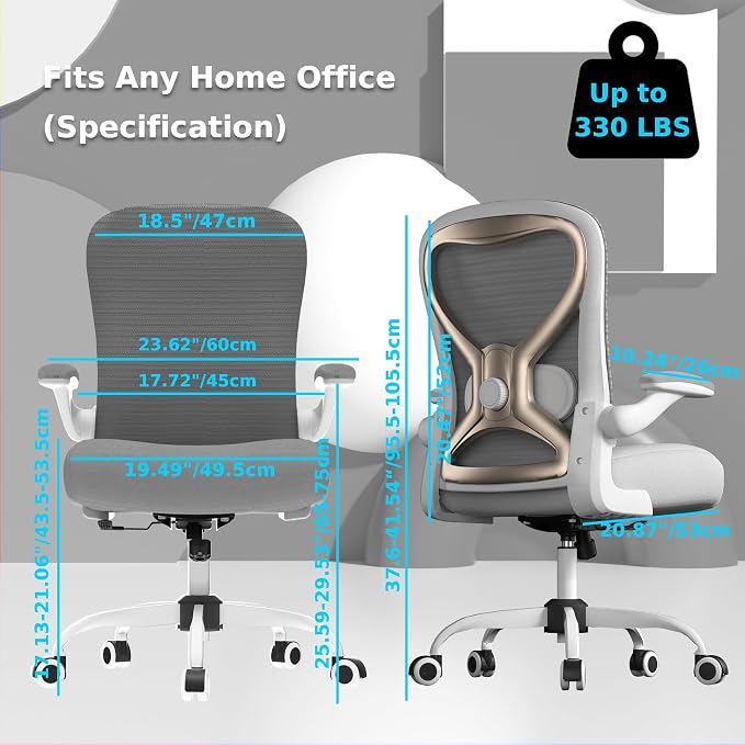 Ergonomic Home Office Chair, 4-Way Lumbar, Thick Cushion, 330LBS | Adjustable Lumbar (up/down/in/out), Rocking Mesh Back, Flip-up Arms, Easy Assembly, Ideal for home offices & small workspaces - Image 8