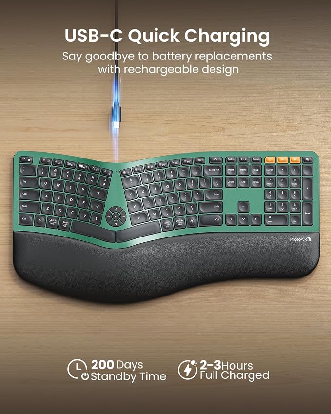 ProtoArc EK01 Plus Backlit Bluetooth Ergonomic Keyboard, Full Size, Green | Adjustable brightness, split design, cushioned wrist rest, connect 3 devices via Bluetooth/2.4G, 2000mAh USB-C rechargeable. - Image 6