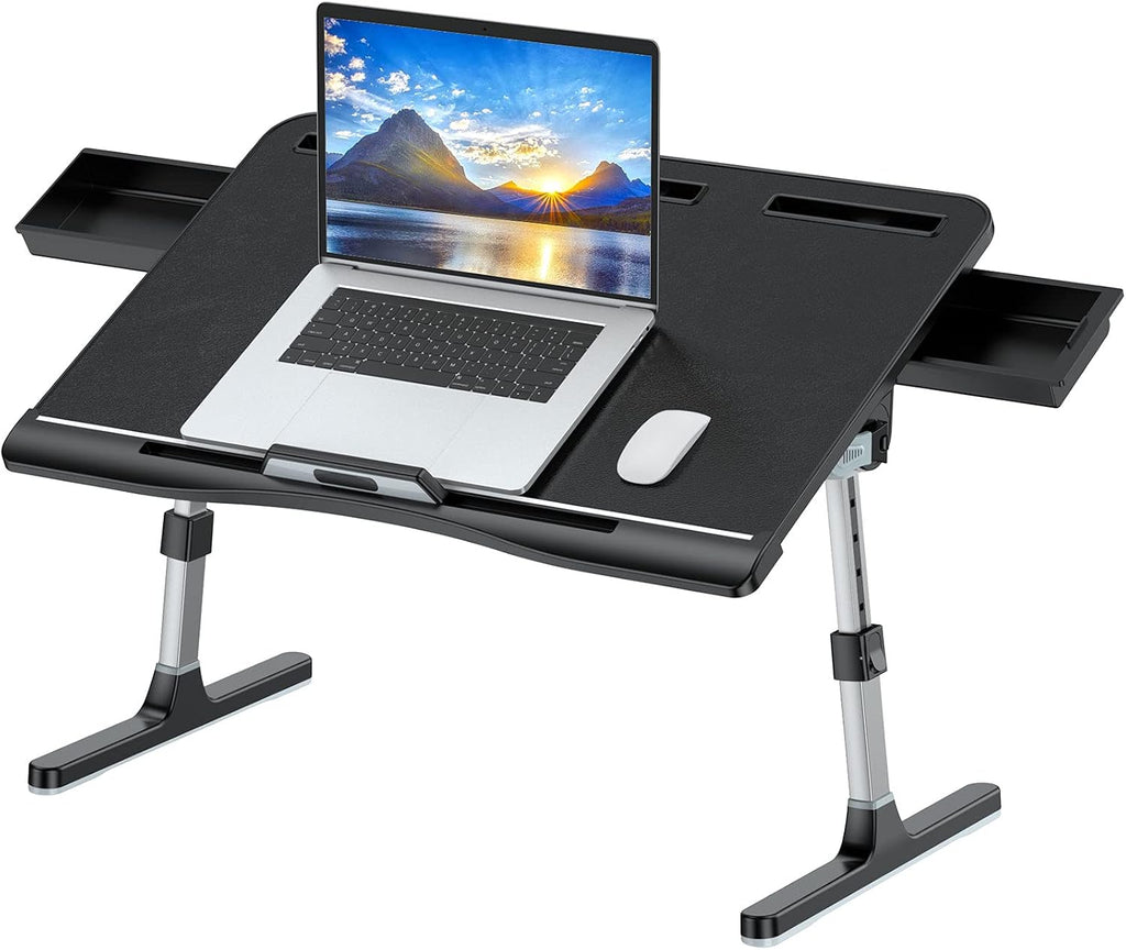 KLEAR Laptop Bed Tray Table with PVC Leather Surface, 2 Drawers, Black, XL by KLEAR