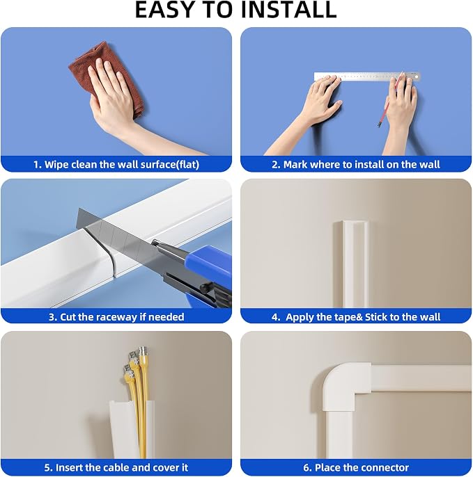 Delamu Large 142in Cord Hider for 3-4 Cords, Cord Covers for Wires on Wall, Easier Install Wire Covers for Cords on Wall, Cable Wire Hider, Cable Cover Management Raceway, W1.18 H0.63in, White - Image 8