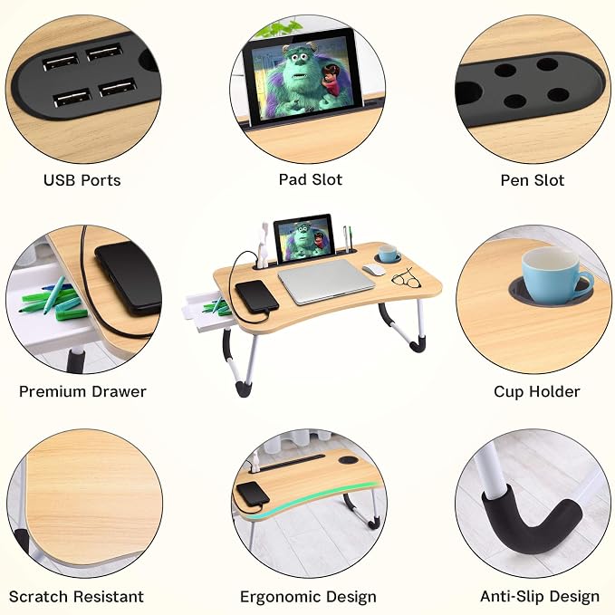 Slendor Bed Desk for Laptop and Writing with Storage, Cup Holder, Light | Fan, Pen Holder,Tablet Holder,Foldable, for Bed, Couch, Floor, Portable,Walnut - Image 5