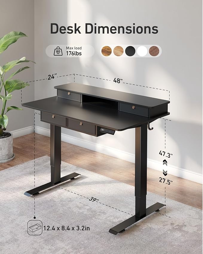 CubiCubi 48" x 24" Standing Electric Desk with Drawers, Black | Height Adjustable Workstation, Computer Sit Stand Up Office Table with Large Storage Shelf, 4 Drawers and 2 Hooks - Image 3