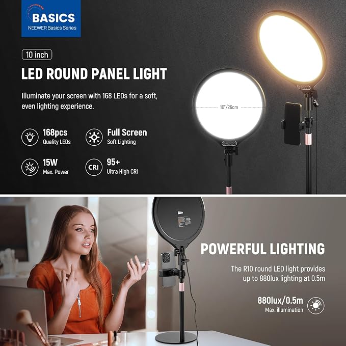 NEEWER Basics 10.5" Desk Ring Light with Stand/Phone Holder/Timer, 3000-6500K Full Screen 15W LED Selfie Panel Lighting for iPhone Recording Streaming Makeup Laptop Webcam Video Conference Zoom, R10 - Image 3