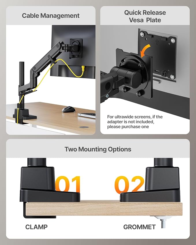 monTEK Ultrawide Monitor Arm Max 57",Height Adjustable 8.1"-25.5",Black | Fits 17–57" Curved Monitors, Up to 59.4 lbs,Heavy Duty 75/100 VESA Monitor Stand,No Sag,Gaming & Office Workstation - Image 7